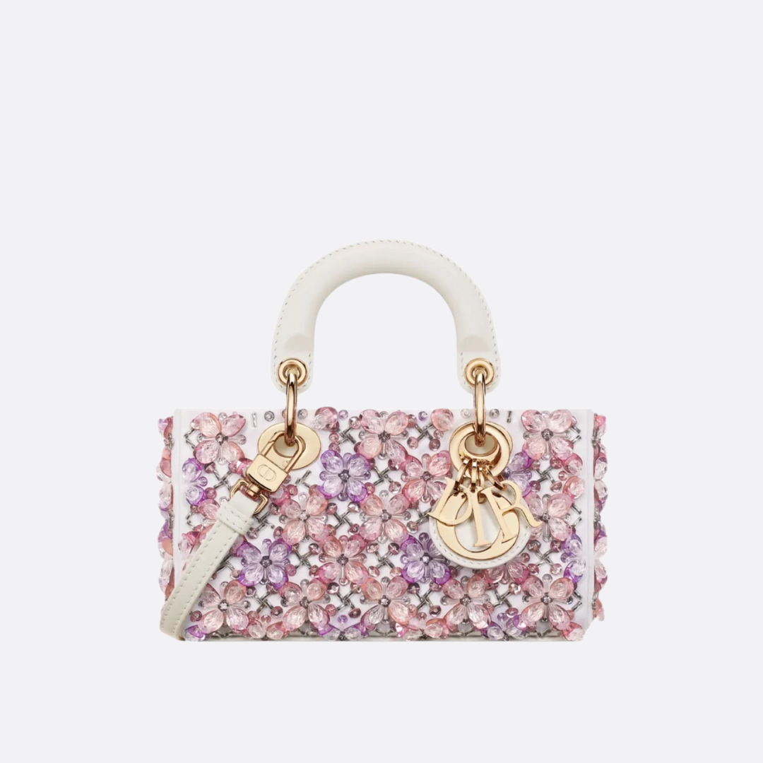 DIOR LADY D-JOY MIKRO TASCHE AUS WEISSEM KALBSLEDER MIT ROSA BLUMENSTICKEREI UND STRASSSTEINEN