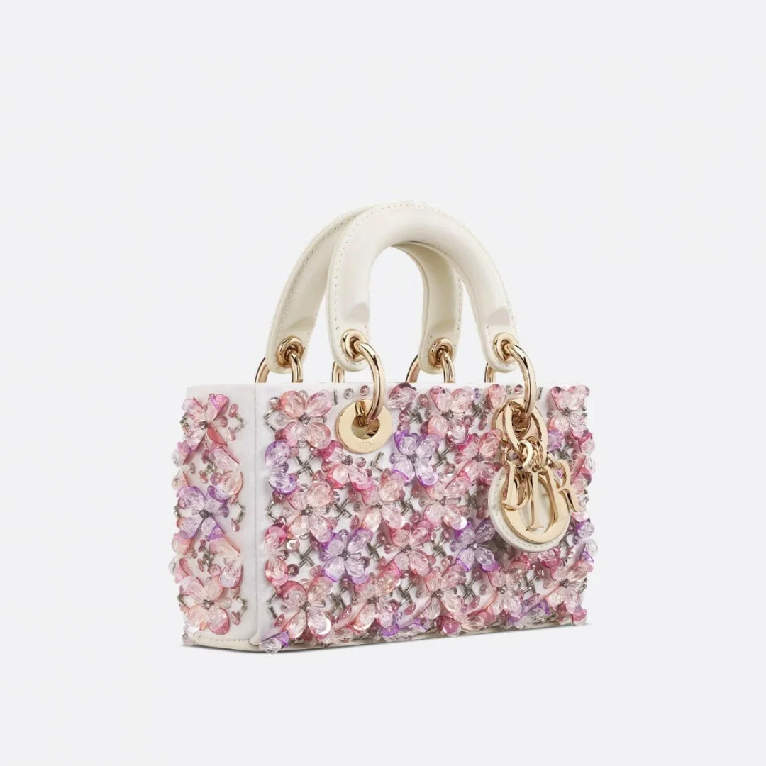 DIOR LADY D-JOY MIKRO TASCHE AUS WEISSEM KALBSLEDER MIT ROSA BLUMENSTICKEREI UND STRASSSTEINEN