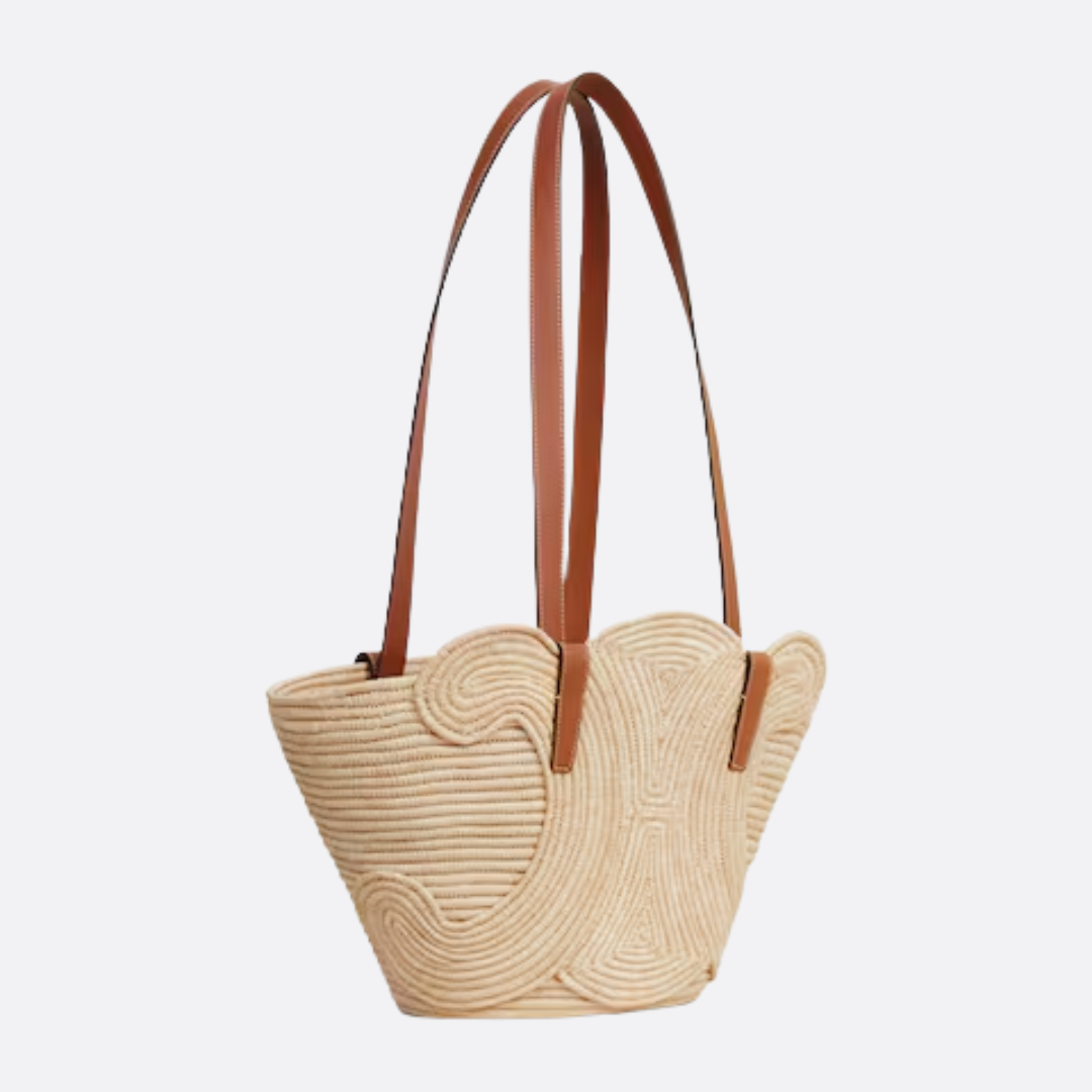 CÉLINE CLASSIC SMALL PANIER HANDTASCHE AUS RAFFIA UND KALBSLEDER