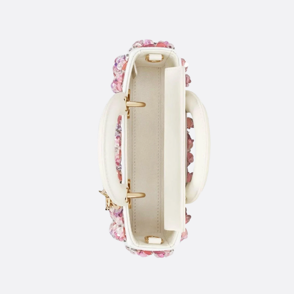 DIOR LADY D-JOY MIKRO TASCHE AUS WEISSEM KALBSLEDER MIT ROSA BLUMENSTICKEREI UND STRASSSTEINEN