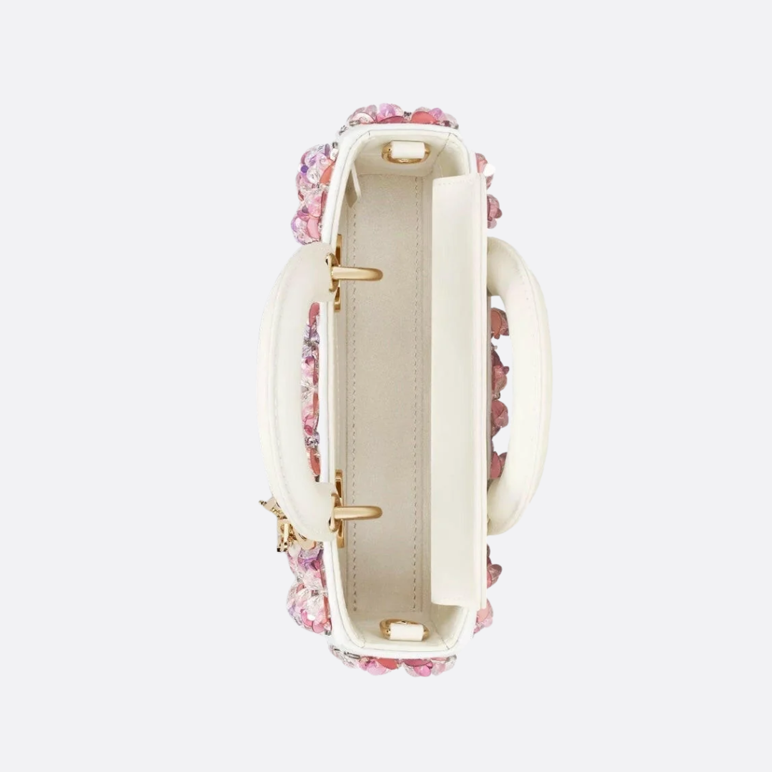 DIOR LADY D-JOY MIKRO TASCHE AUS WEISSEM KALBSLEDER MIT ROSA BLUMENSTICKEREI UND STRASSSTEINEN