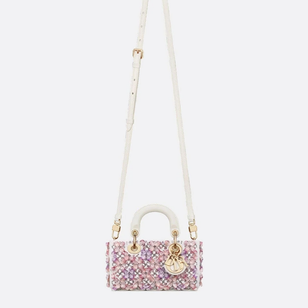 DIOR LADY D-JOY MIKRO TASCHE AUS WEISSEM KALBSLEDER MIT ROSA BLUMENSTICKEREI UND STRASSSTEINEN