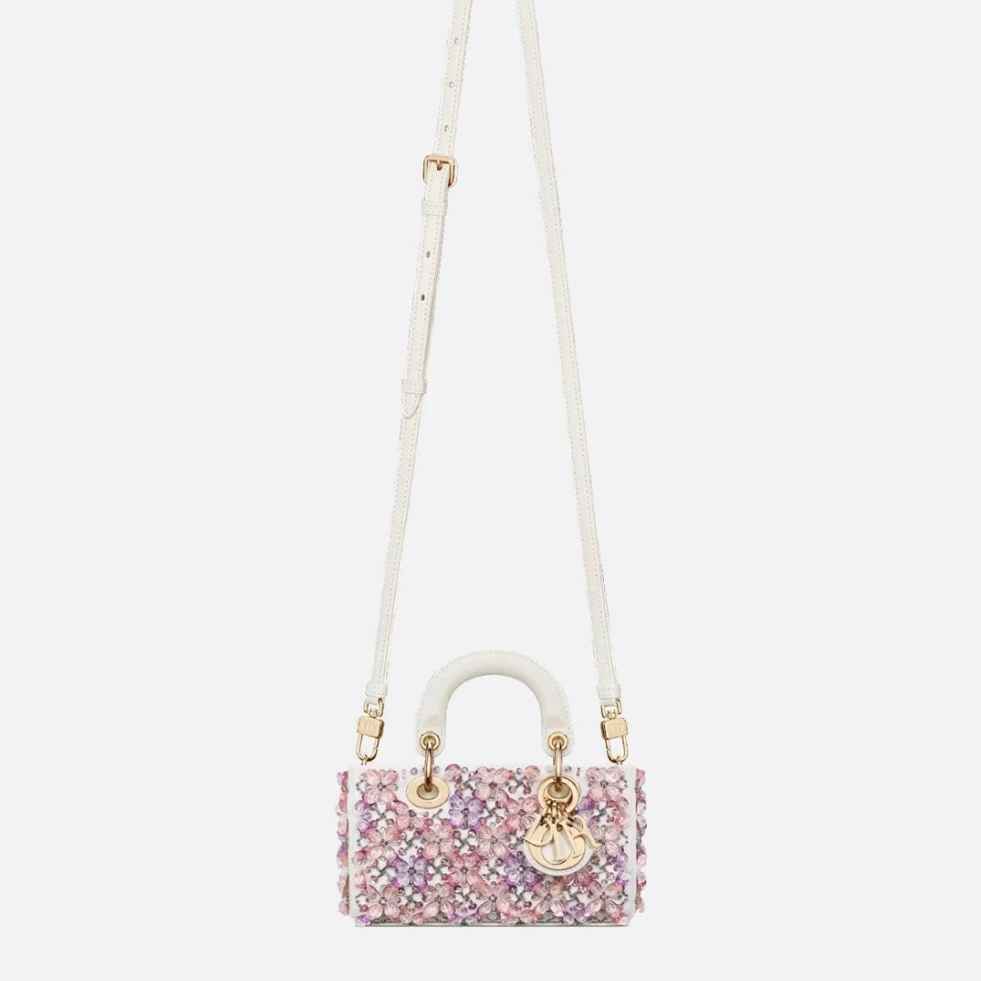 DIOR LADY D-JOY MIKRO TASCHE AUS WEISSEM KALBSLEDER MIT ROSA BLUMENSTICKEREI UND STRASSSTEINEN