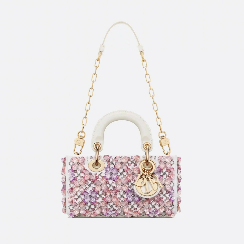 DIOR LADY D-JOY MIKRO TASCHE AUS WEISSEM KALBSLEDER MIT ROSA BLUMENSTICKEREI UND STRASSSTEINEN