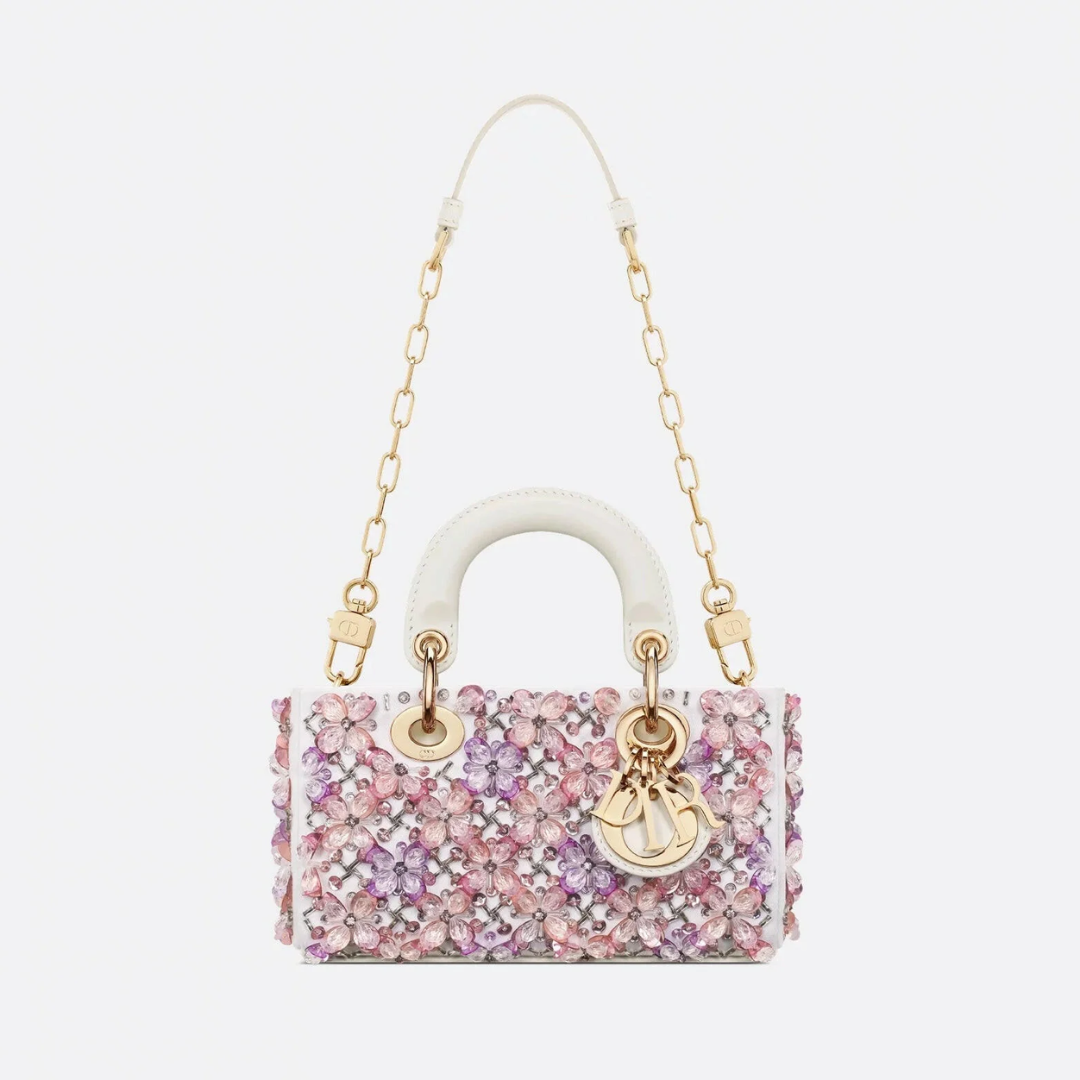 DIOR LADY D-JOY MIKRO TASCHE AUS WEISSEM KALBSLEDER MIT ROSA BLUMENSTICKEREI UND STRASSSTEINEN