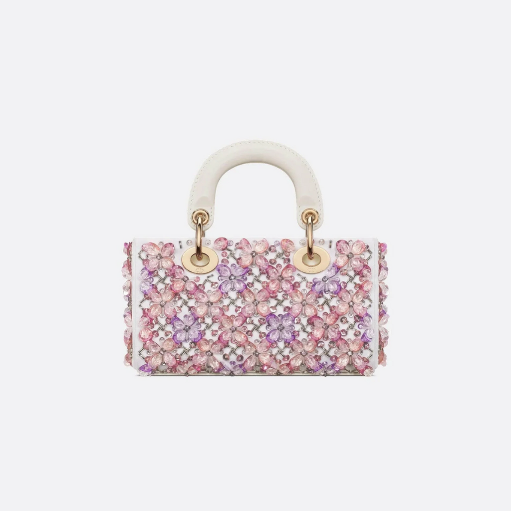 DIOR LADY D-JOY MIKRO TASCHE AUS WEISSEM KALBSLEDER MIT ROSA BLUMENSTICKEREI UND STRASSSTEINEN