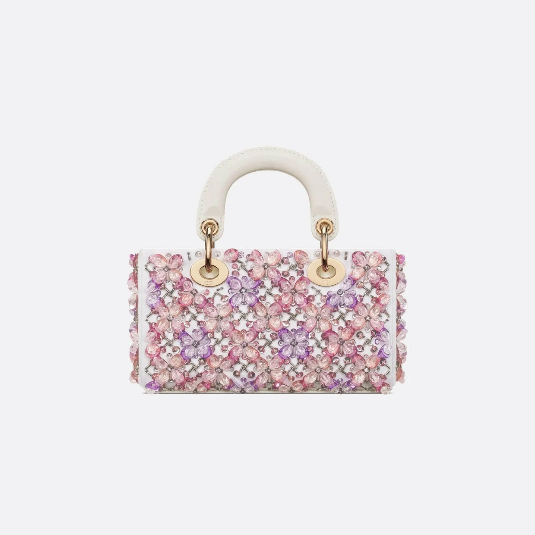 DIOR LADY D-JOY MIKRO TASCHE AUS WEISSEM KALBSLEDER MIT ROSA BLUMENSTICKEREI UND STRASSSTEINEN