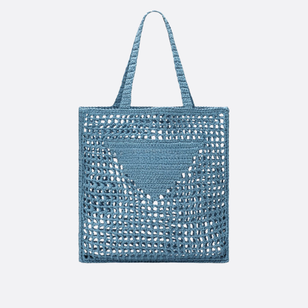 PRADA RAFFIA BAG WITH WOVEN LOGO IN BLUE