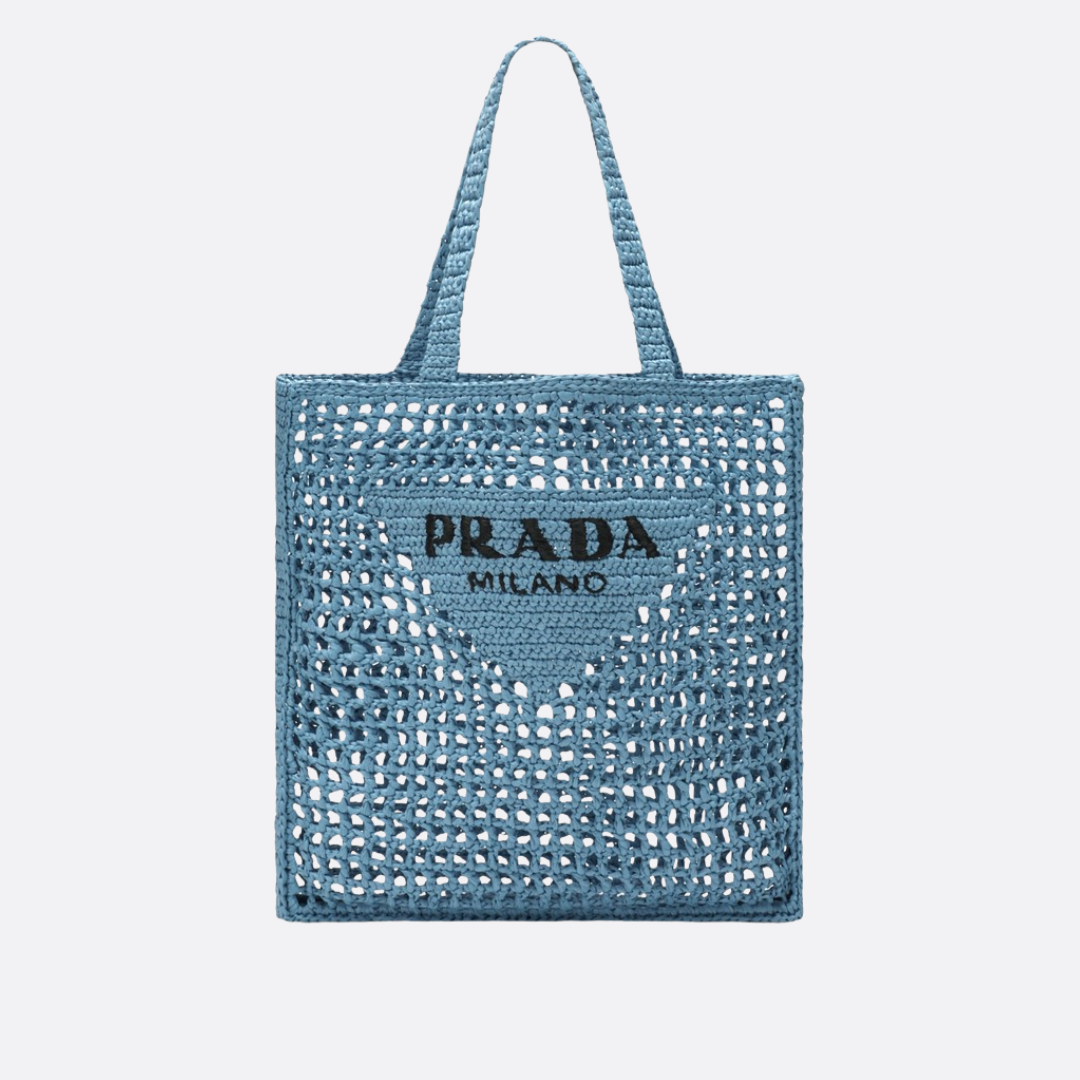 PRADA RAFFIA TASCHE MIT GEWEBTEM LOGO IN BLAU