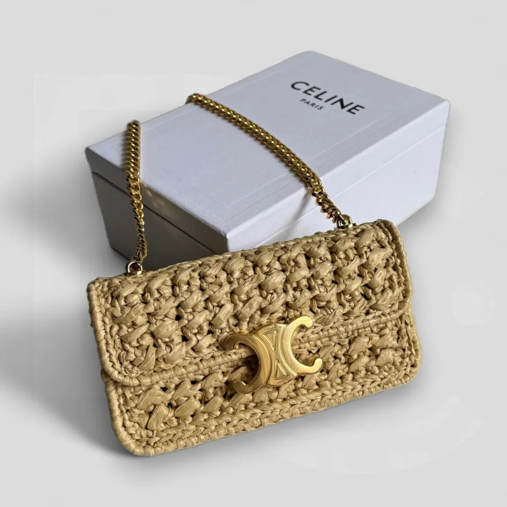 CÉLINE CLAUDE CHAIN SHOULDER BAG AUS RAFFIA-EFFEKT