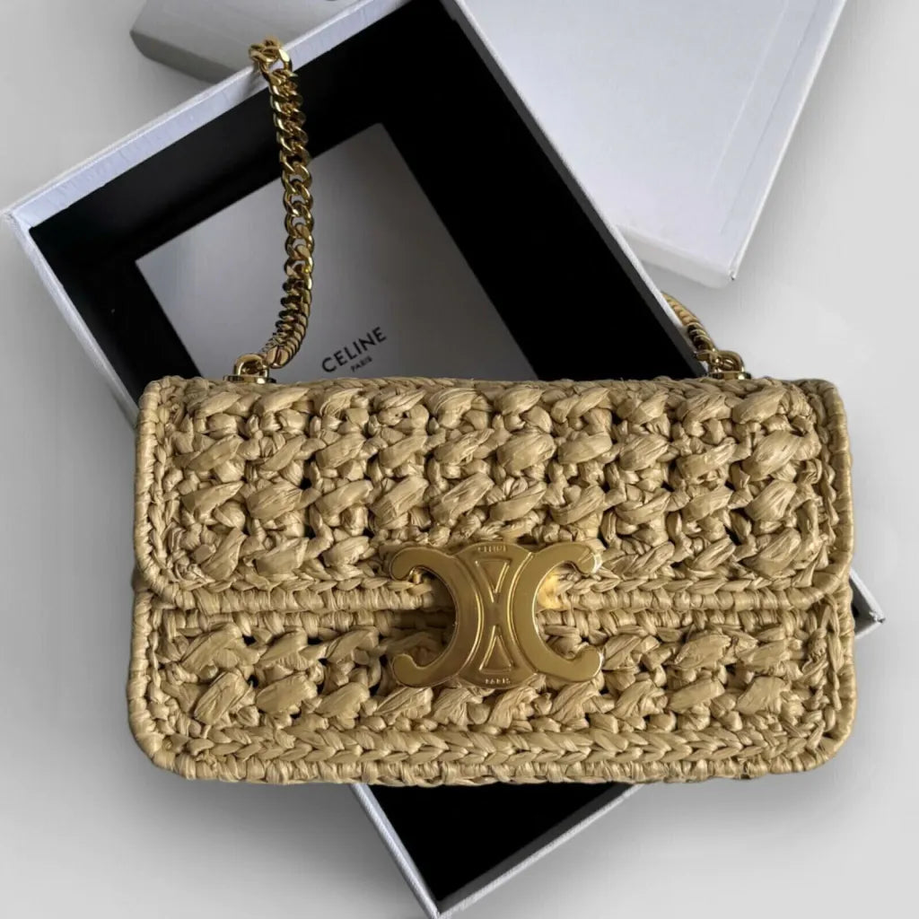 CÉLINE CLAUDE CHAIN SHOULDER BAG AUS RAFFIA-EFFEKT