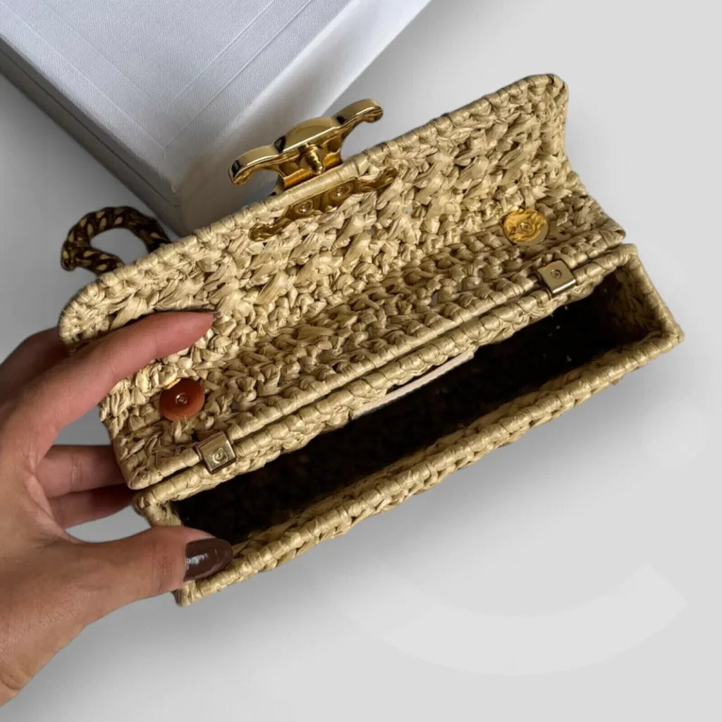 CÉLINE CLAUDE CHAIN SHOULDER BAG AUS RAFFIA-EFFEKT