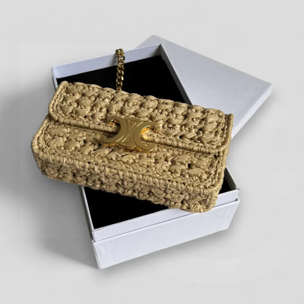 CÉLINE CLAUDE CHAIN SHOULDER BAG AUS RAFFIA-EFFEKT
