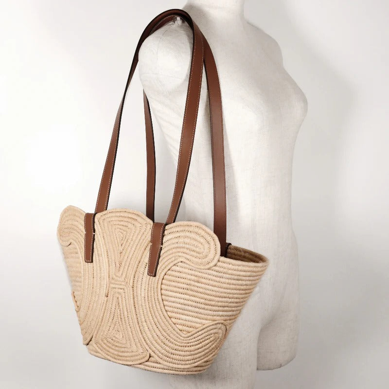 CÉLINE CLASSIC SMALL PANIER HANDTASCHE AUS RAFFIA UND KALBSLEDER
