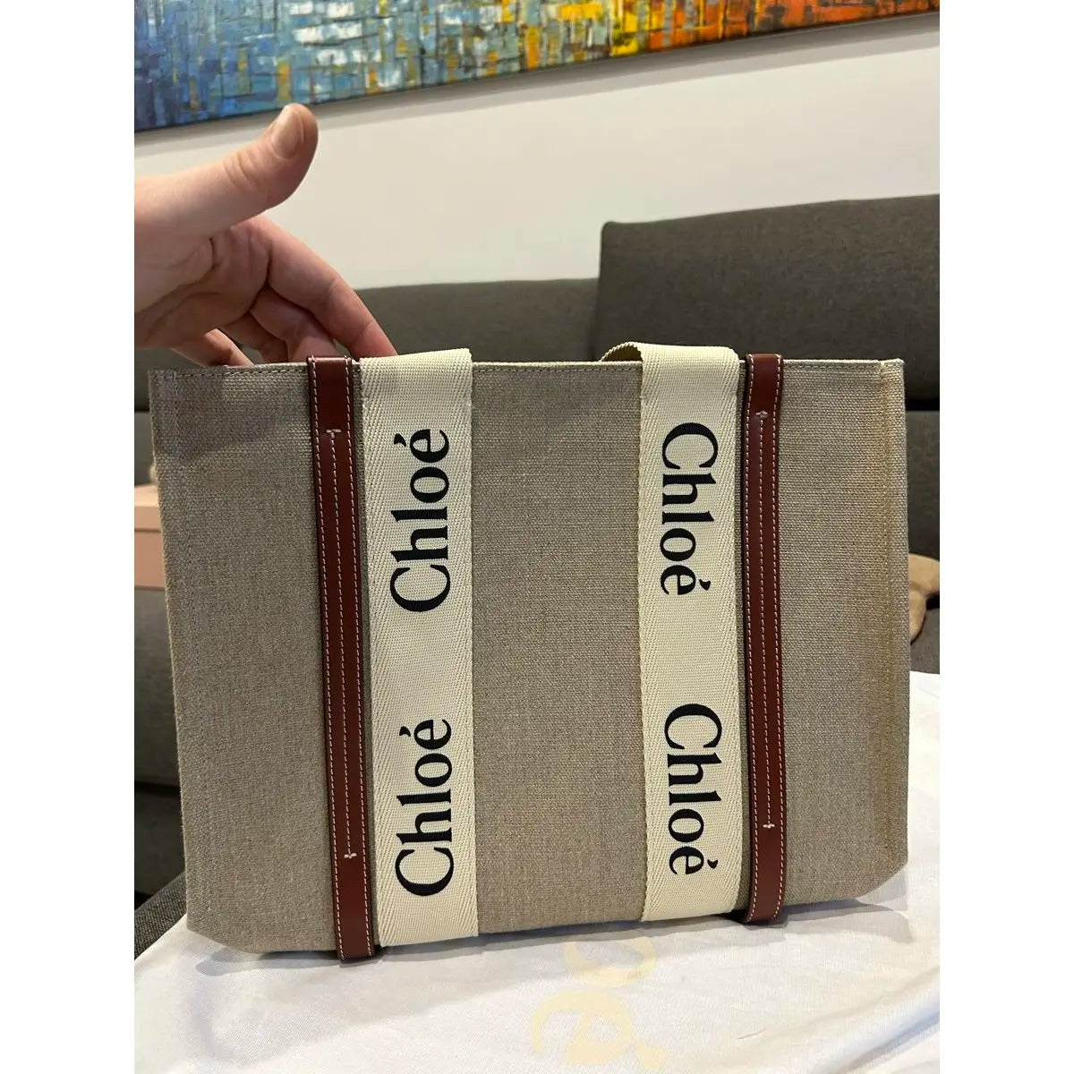 CHLOÉ WOODY TOTE BAG AUS LEINEN